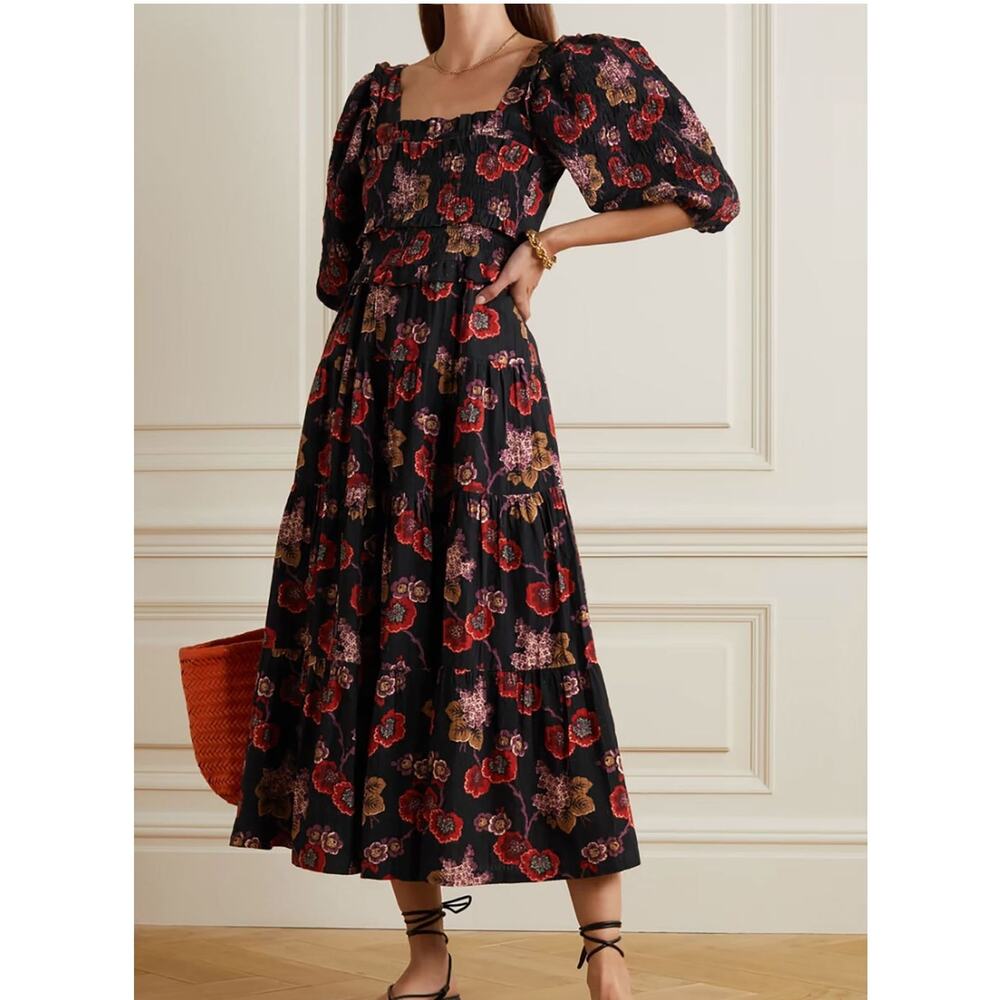 Sea New York Lucinda Smocked Puff Sleeve Maxi Dress Large Floral Tiered Pockets